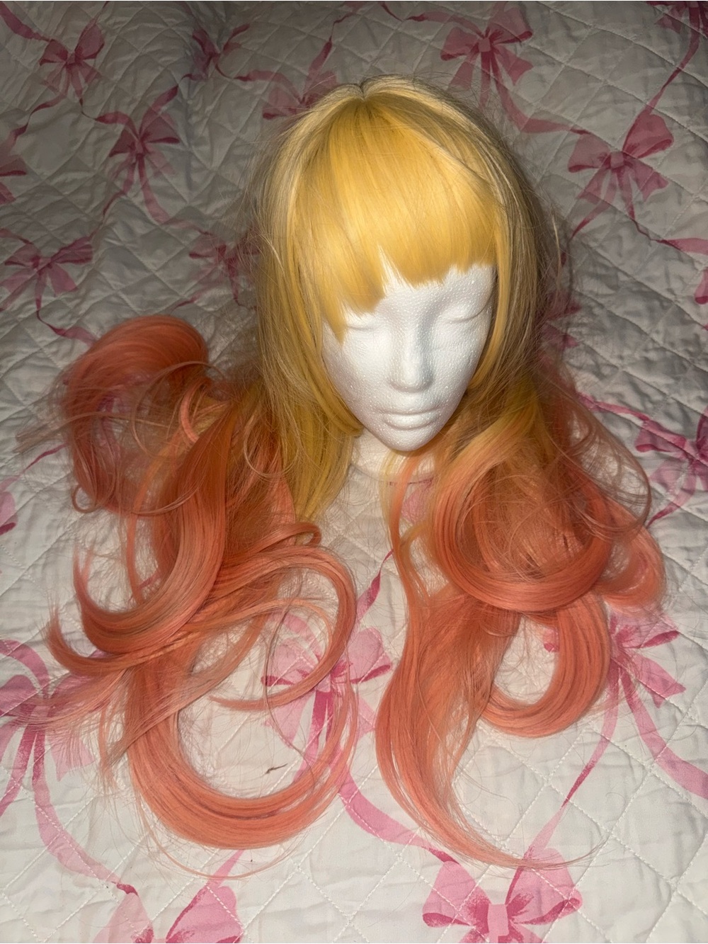 Yellow to Peach Ombre Long Synthetic Wig with Bangs